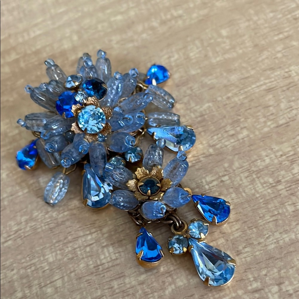 Vintage DeMario Rhinestone & Bead Brooch Blue Beads & Rhinestones